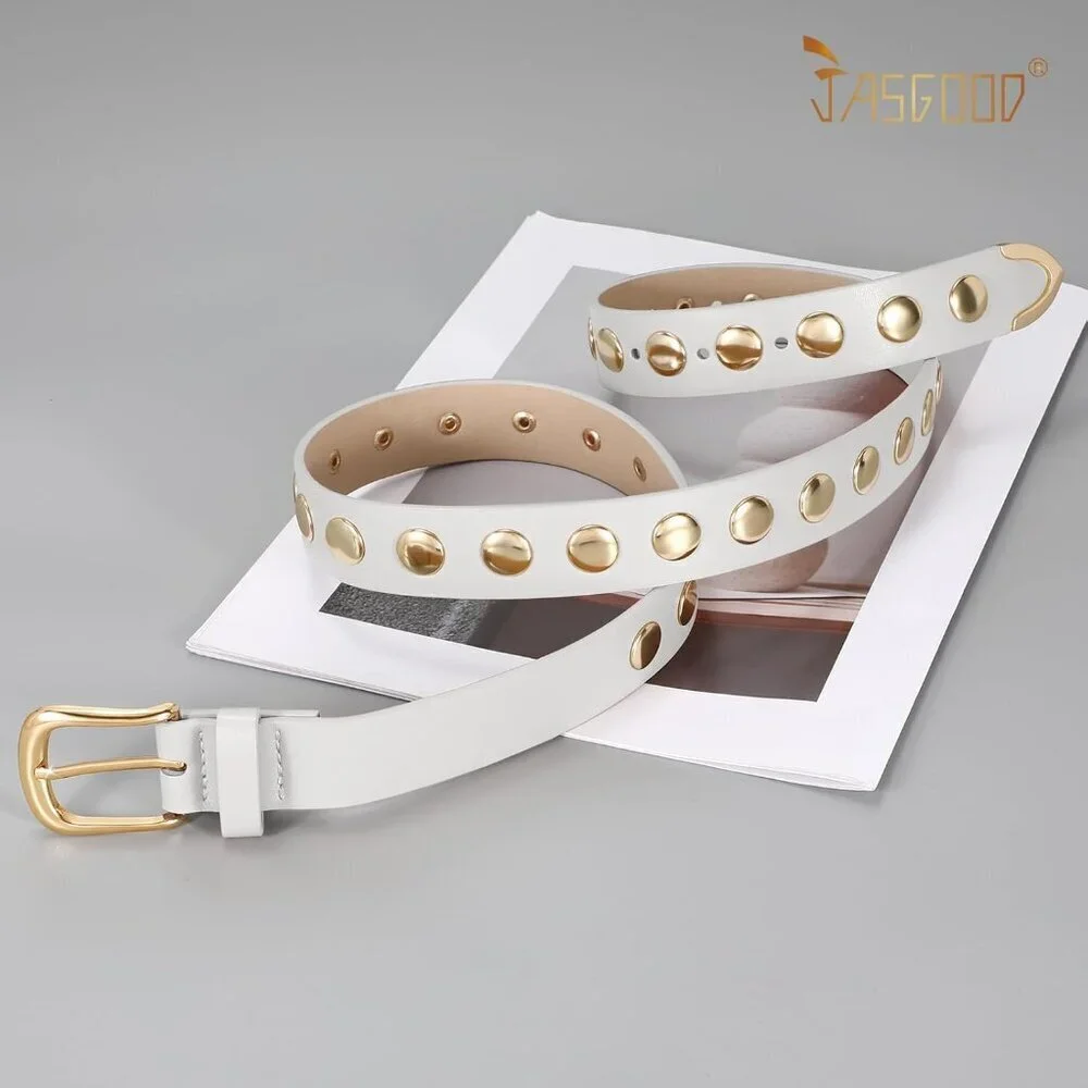 Women's White Fashion Leather Belt Punk Studded Belt for Jeans Pants Dresses
